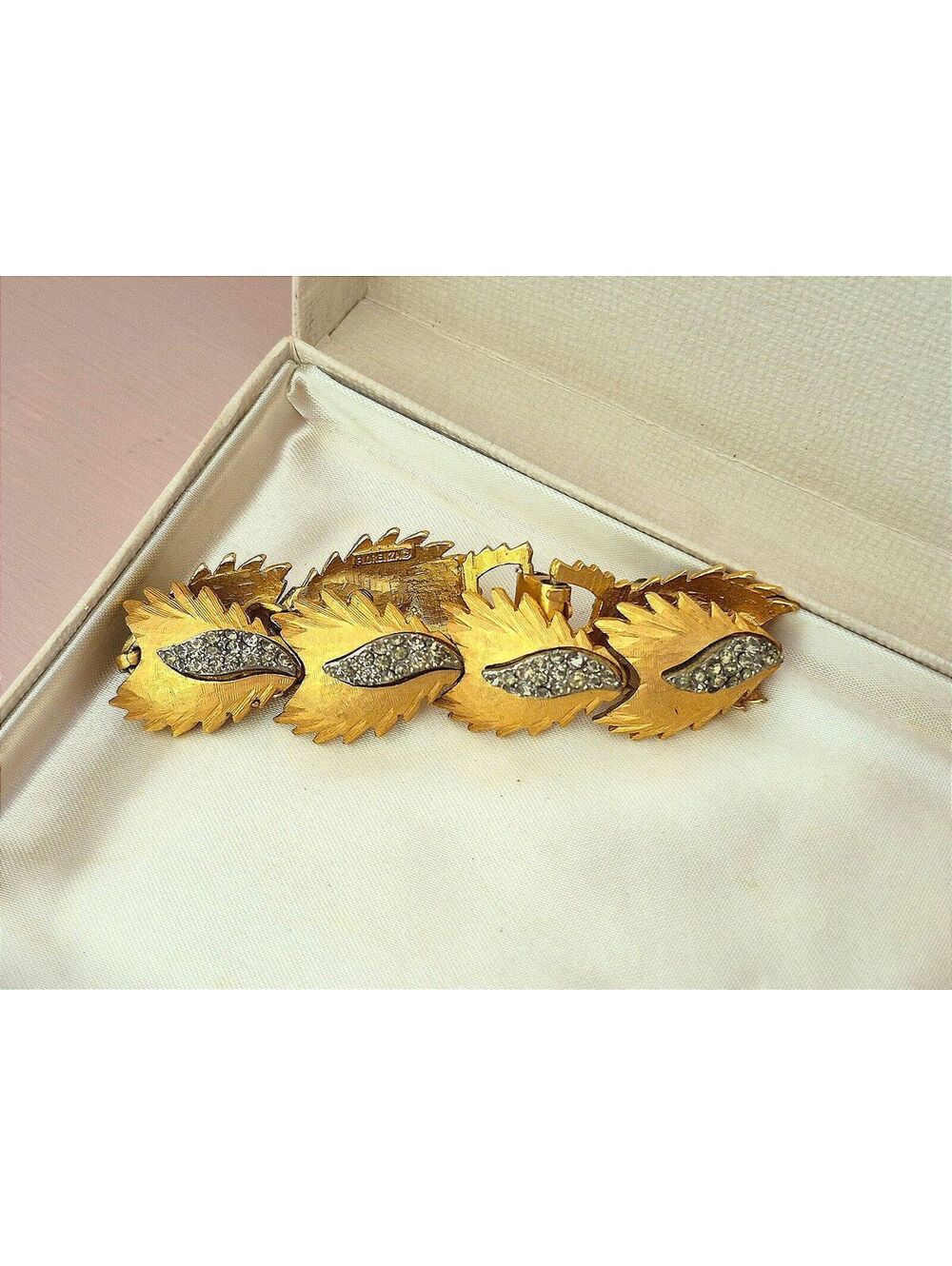 Vintage Signed Florenza Gold Brushed Smokey Rhinestone Leaf Link Bracelet